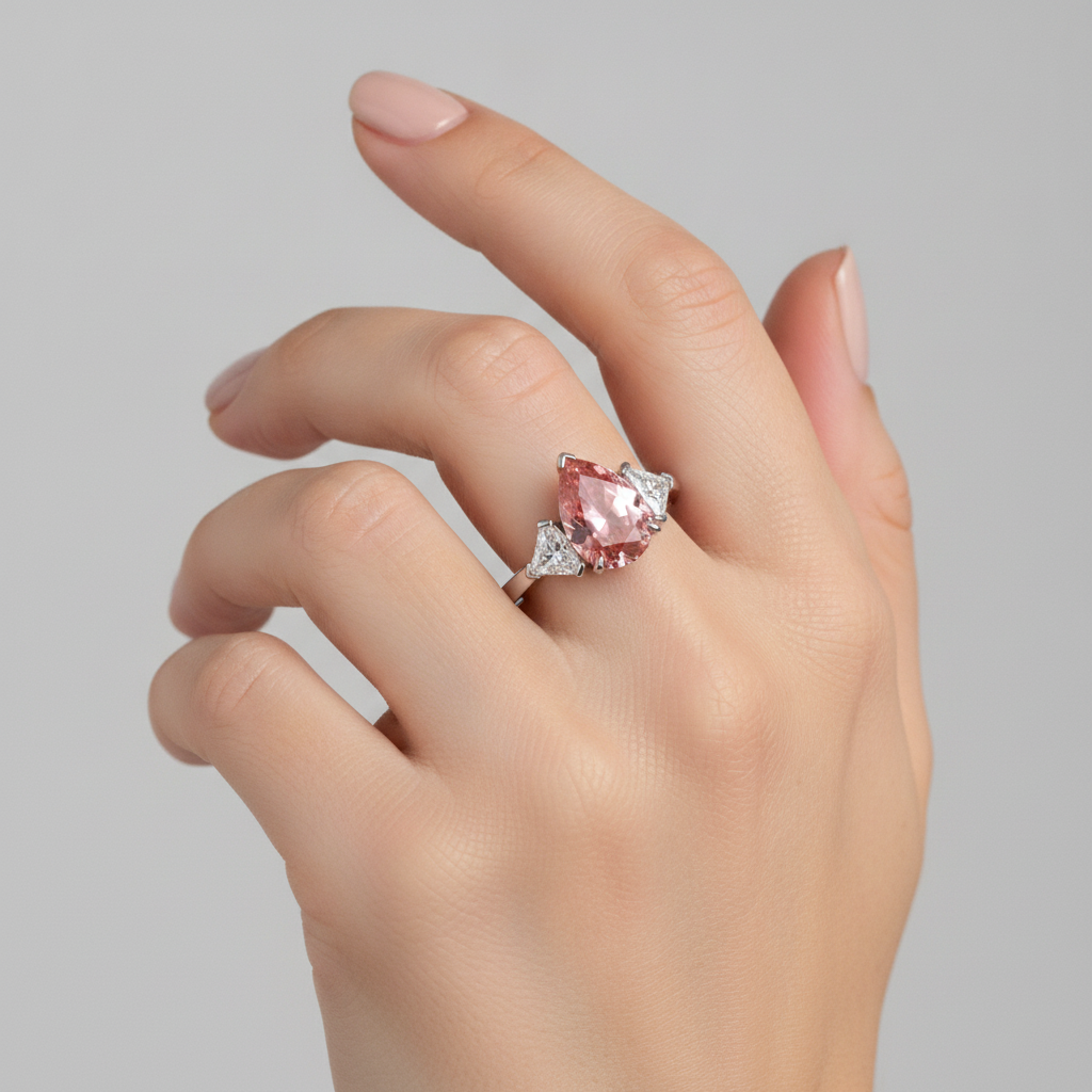 Padparadscha Sapphire Ring 3.6 Carat Genuine Pear and White Trilliant Three Stone Platinum