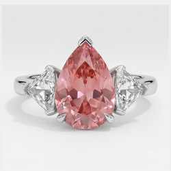 Padparadscha Sapphire Ring 3.6 Carat Genuine Pear and White Trilliant Three Stone Platinum