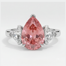 Padparadscha Sapphire Ring 3.6 Carat Genuine Pear and White Trilliant Three Stone Platinum