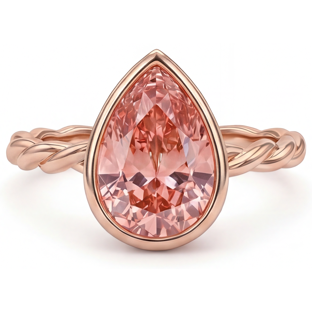 Peach Sapphire 2.5 Carat Natural Pear Padparadscha Bezel Solitaire Ring 14K Rose Gold