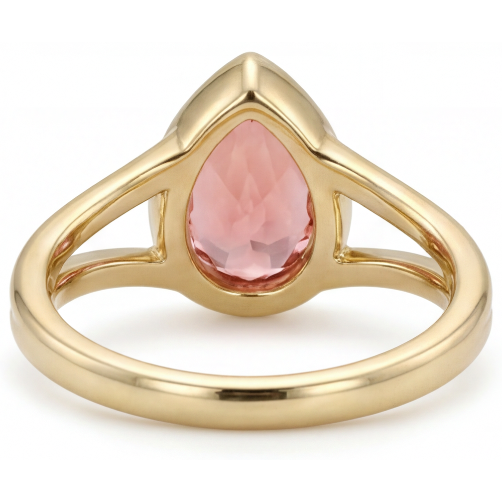 Peach Color Sapphire 2 Carat Real Pear Padparadscha Bezel Solitaire Ring 14K Yellow Gold