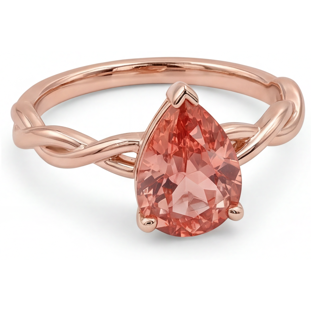 Peach Pink Sapphire 2 Carat Real Pear Padparadscha Solitaire Ring 14K Rose Gold
