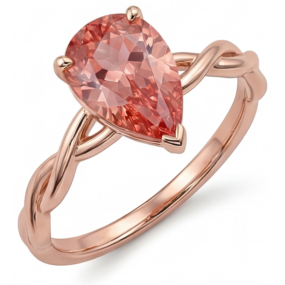 Peach Pink Sapphire 2 Carat Real Pear Padparadscha Solitaire Ring 14K Rose Gold
