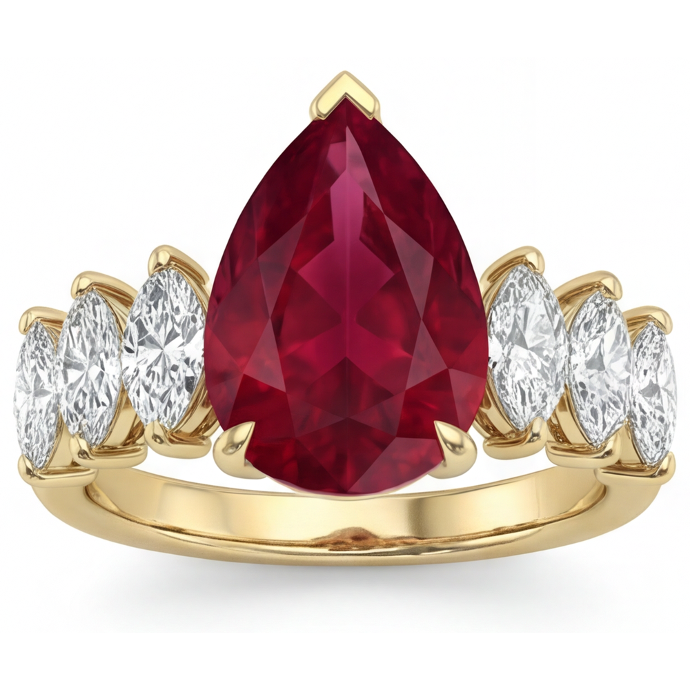 Pear Shape Pigeon Blood Ruby ring in 14K Yellow Gold – front view