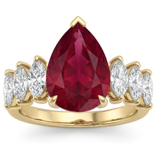 Pear Shape Pigeon Blood Ruby ring in 14K Yellow Gold – front view