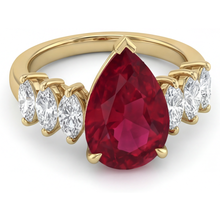 Pigeon Blood Ruby Pear Shape 3-Stone Ring in 14K Yellow Gold – angle view
