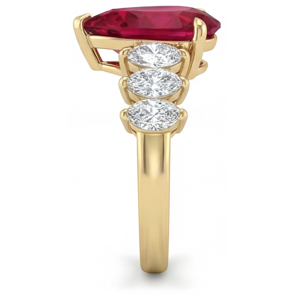 Pear Shape Pigeon Blood Ruby ring in 14K Yellow Gold – profile view