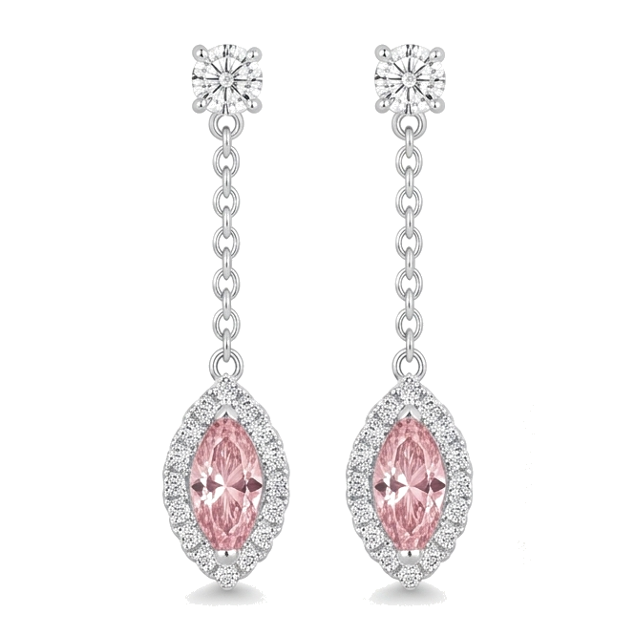 Pink Diamond Drop Earrings 2.5 Carat Lab Grown Marquise Halo Long Dangle 14K White Gold