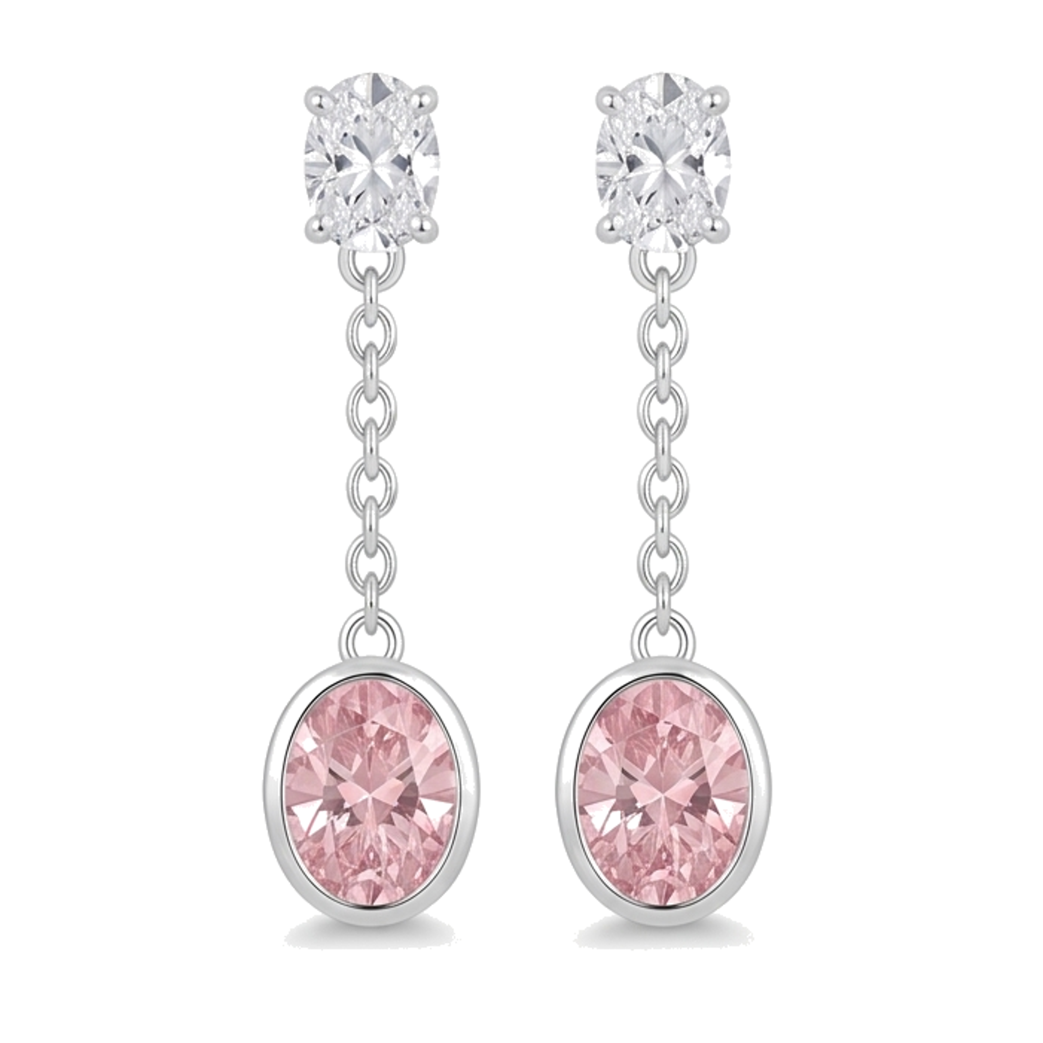Pink Diamond Drop Earrings 2.5 Carat Lab Grown Oval Bezel Long Dangle 14K White Gold