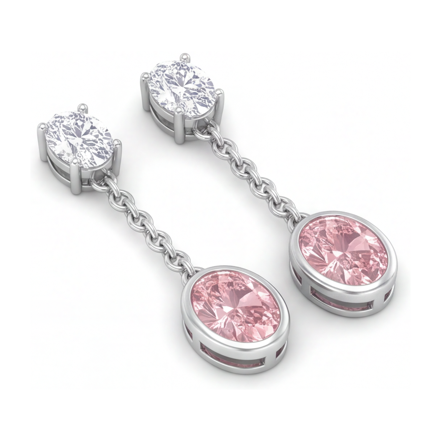 Pink Diamond Drop Earrings 2.5 Carat Lab Grown Oval Bezel Long Dangle 14K White Gold