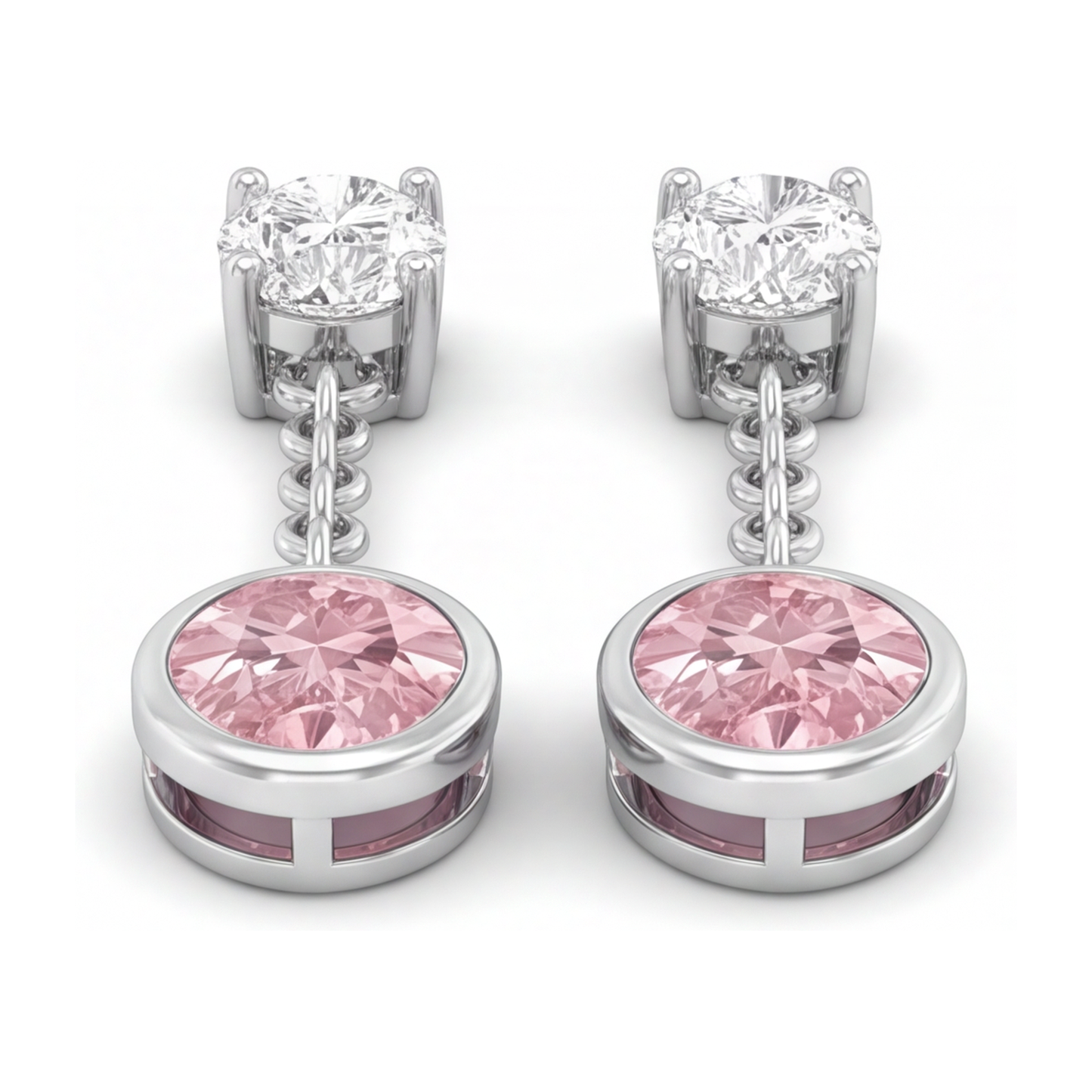 Pink Diamond Drop Earrings 2.5 Carat Lab Grown Oval Bezel Long Dangle 14K White Gold