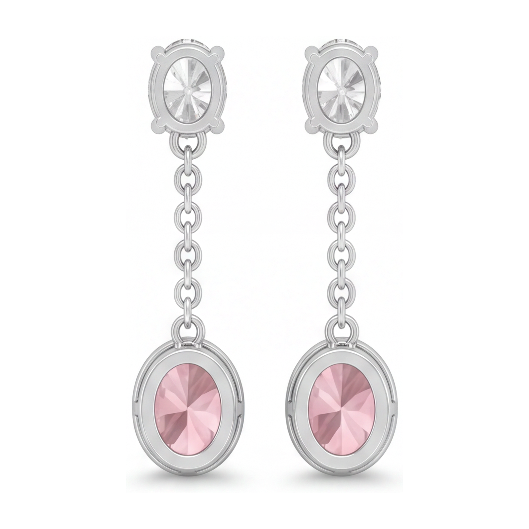 Pink Diamond Drop Earrings 2.5 Carat Lab Grown Oval Bezel Long Dangle 14K White Gold