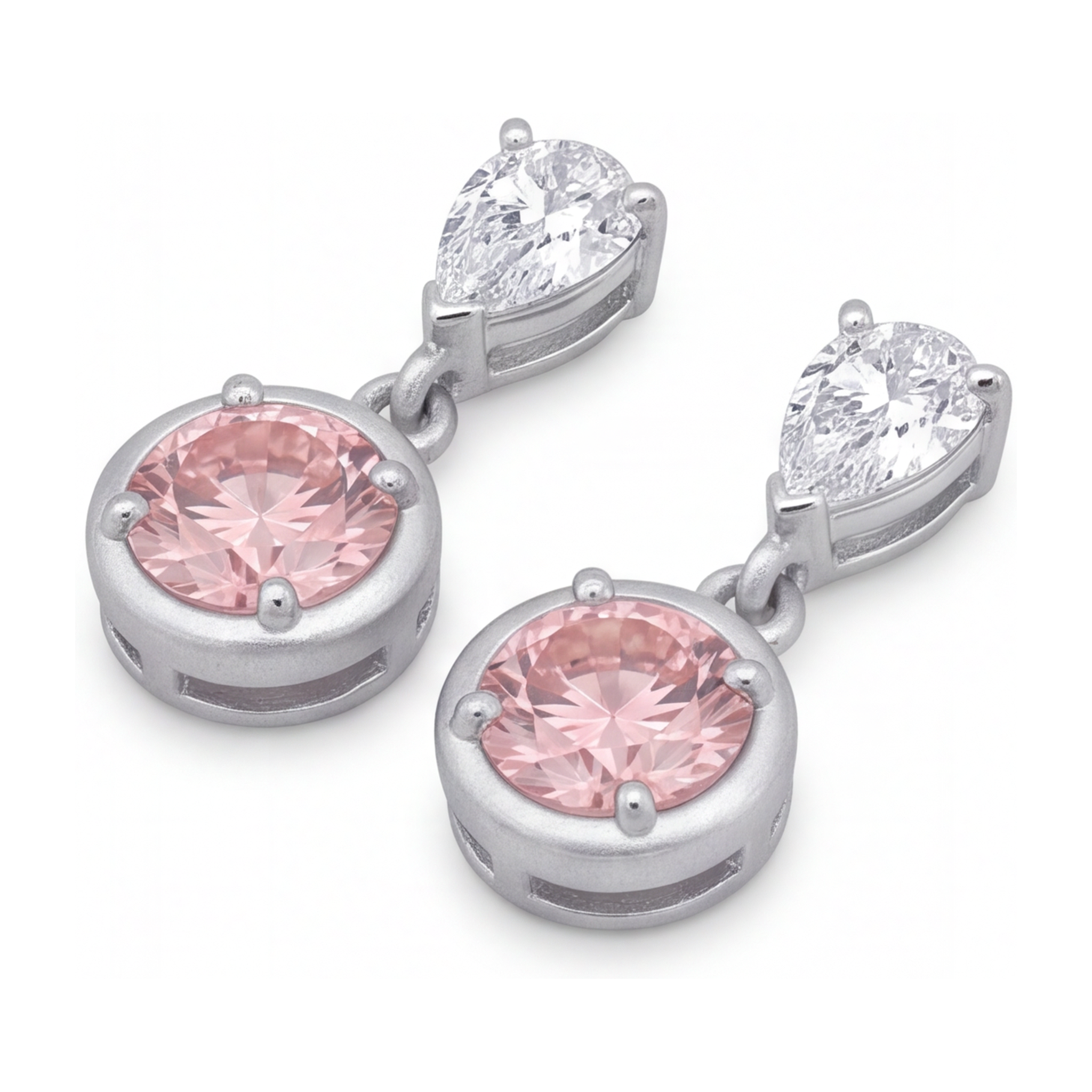 Pink Diamond Drop Earrings 3 Carat Lab Grown Round Bezel Pear Tops 14K White Gold