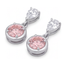 Pink Diamond Drop Earrings 3 Carat Lab Grown Round Bezel Pear Tops 14K White Gold