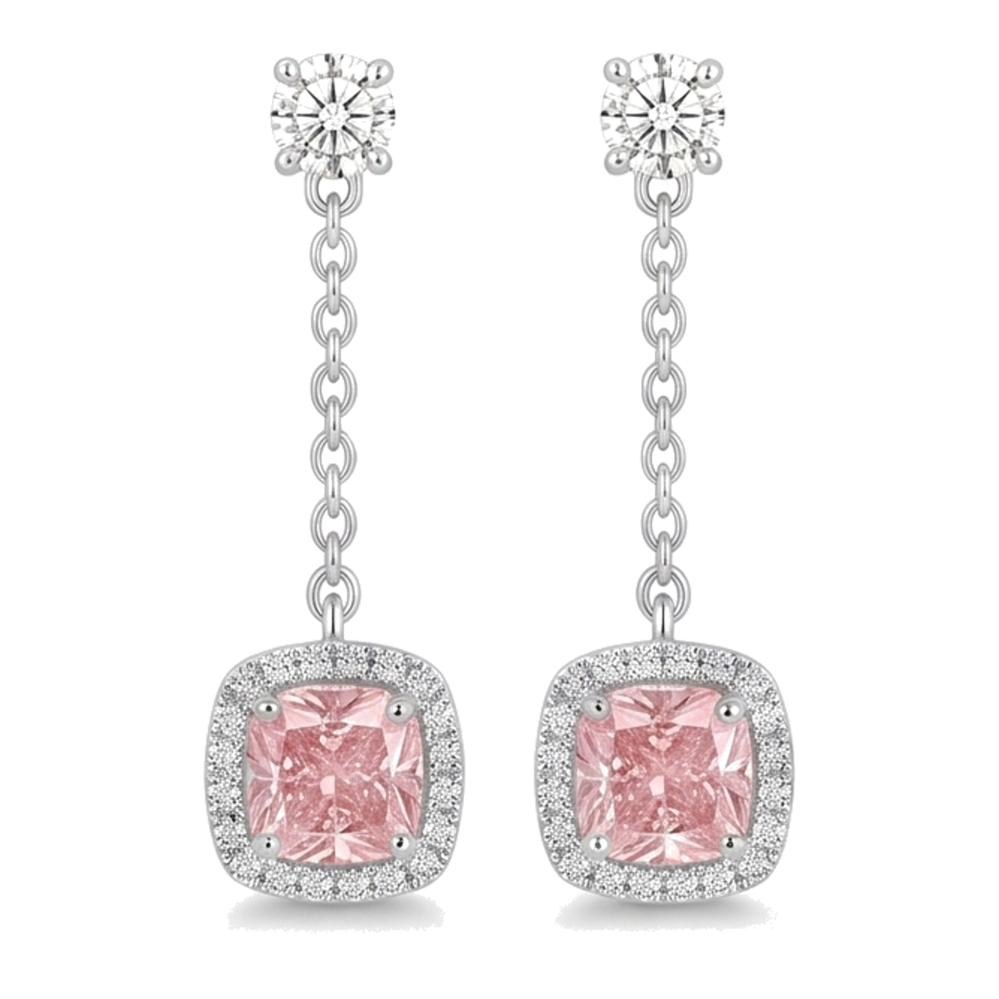 Pink Diamond Drop Earrings 3 Carat Lab Grown Cushion Halo Dangle 14K White Gold