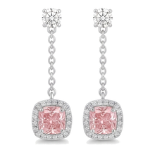 Pink Diamond Drop Earrings 3 Carat Lab Grown Cushion Halo Dangle 14K White Gold