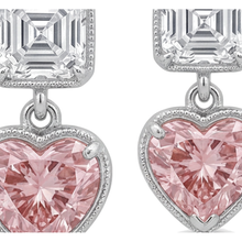 Pink Diamond Drop Earrings 4.5 Carat Lab Grown Heart Milgrain Asscher Tops 14K White Gold