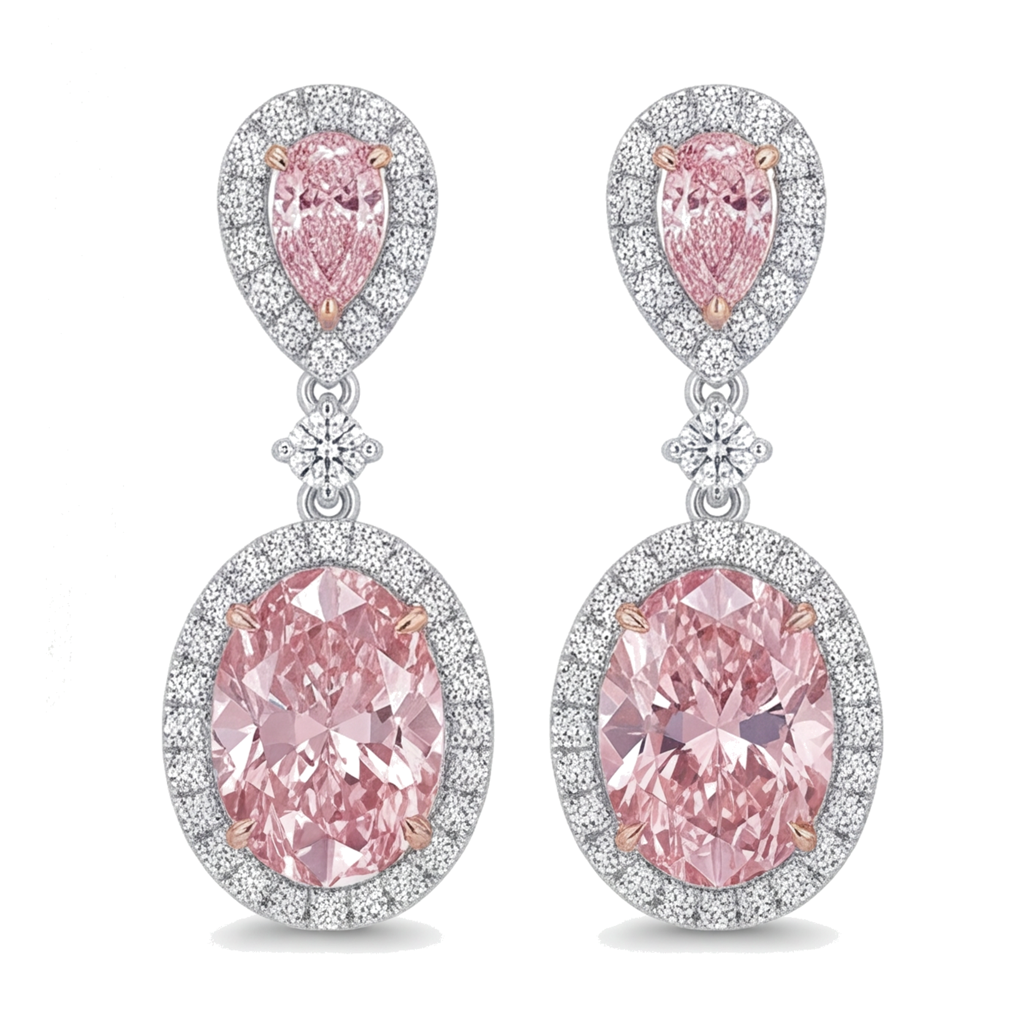 Pink Diamond Drop Earrings 4.5 Carat Lab Grown Oval Halo Pear Tops 14K White Gold