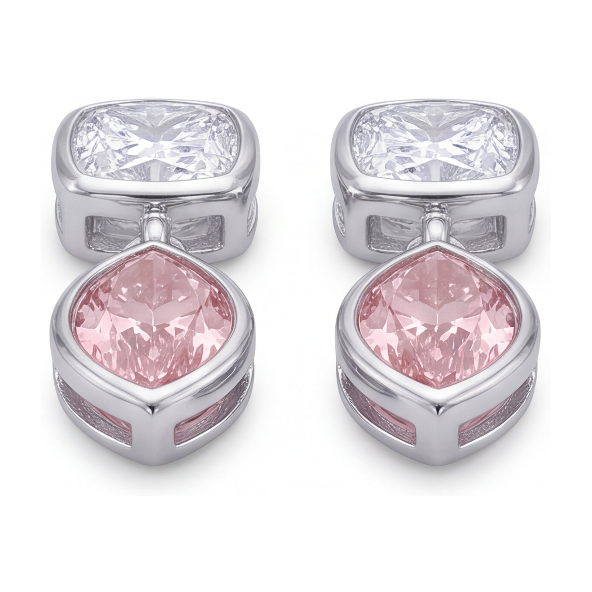 Pink Diamond Drop Earrings 4 Carat Lab Grown Marquise Bezel Cushion Tops 14K White Gold