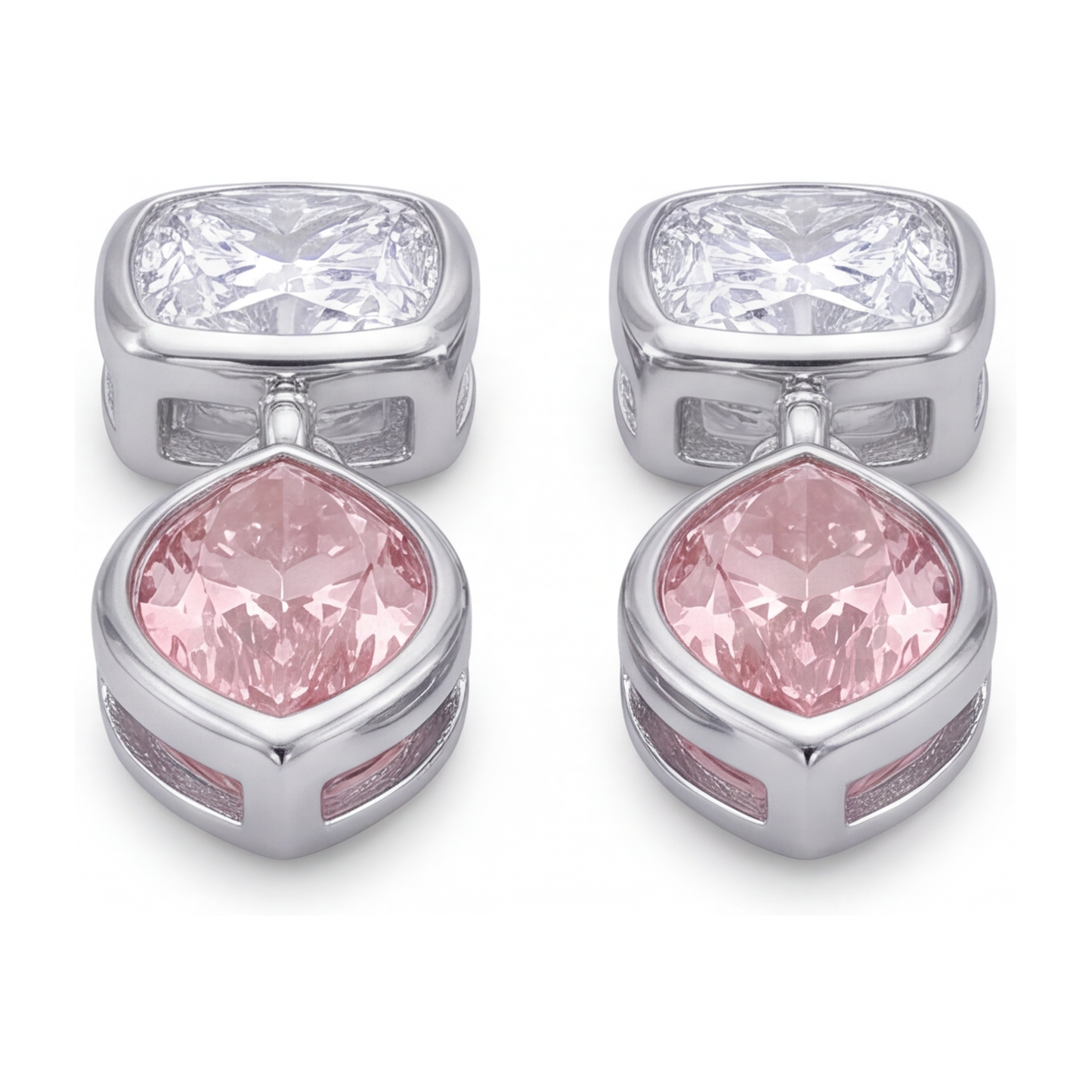 Pink Diamond Drop Earrings 4 Carat Lab Grown Marquise Bezel Cushion Tops 14K White Gold