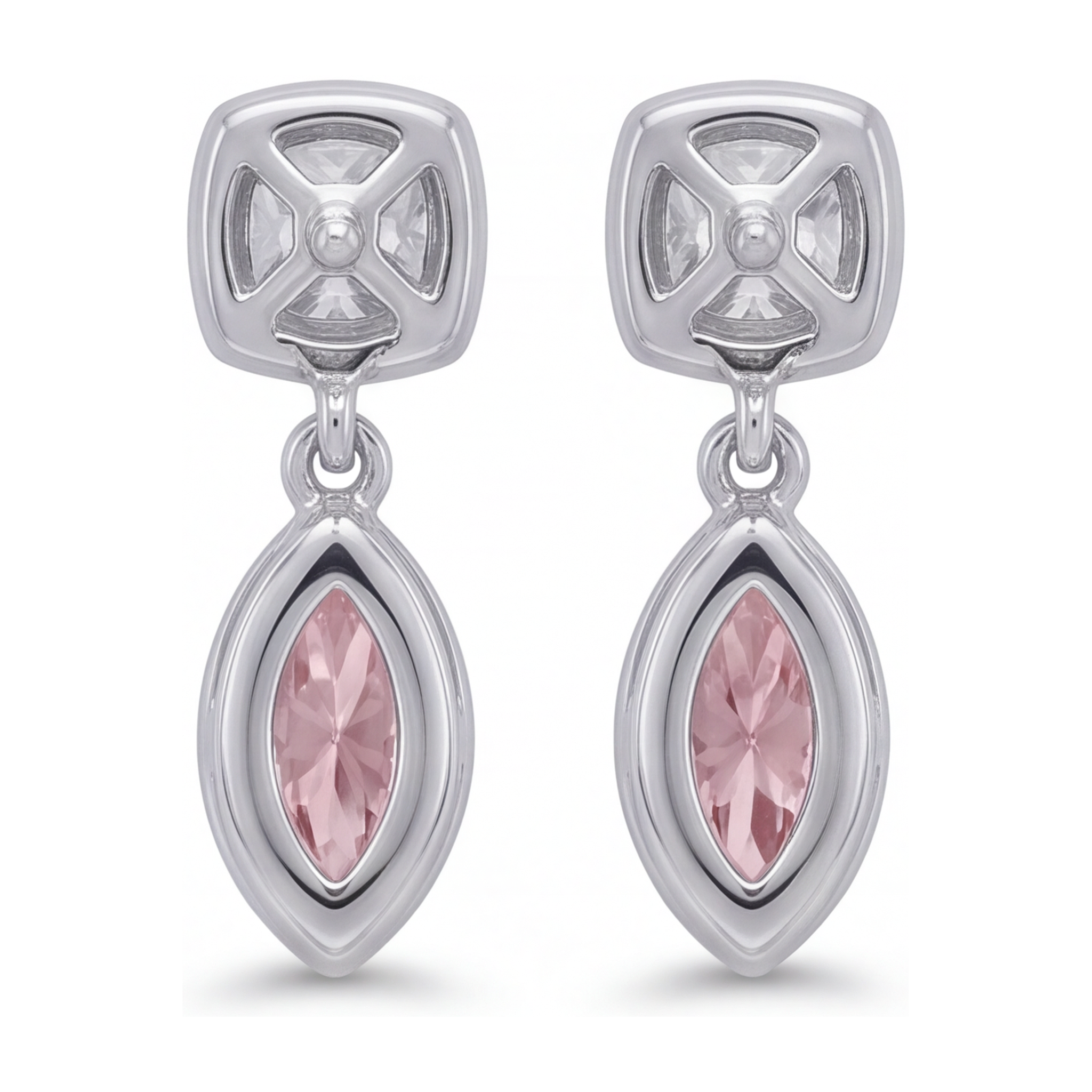 Pink Diamond Drop Earrings 4 Carat Lab Grown Marquise Bezel Cushion Tops 14K White Gold
