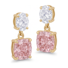 Pink Diamond Drop Earrings 4 Carat Lab Grown Cushion Oval Tops 14K Yellow Gold