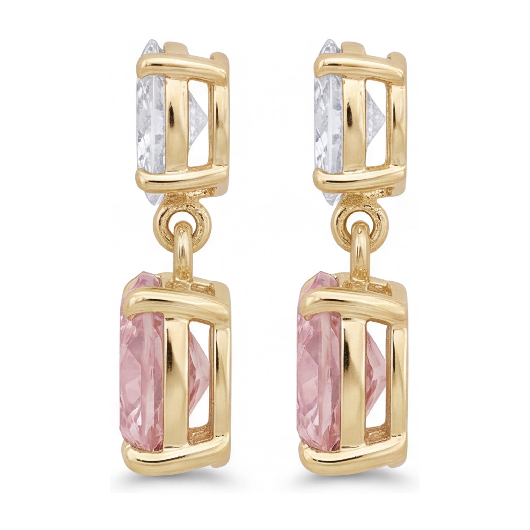 Pink Diamond Drop Earrings 4 Carat Lab Grown Cushion Oval Tops 14K Yellow Gold