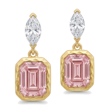Pink Diamond Drop Earrings 4 Carat Lab Grown Emerald Cut Bezel Marquise Tops 14K Yellow Gold
