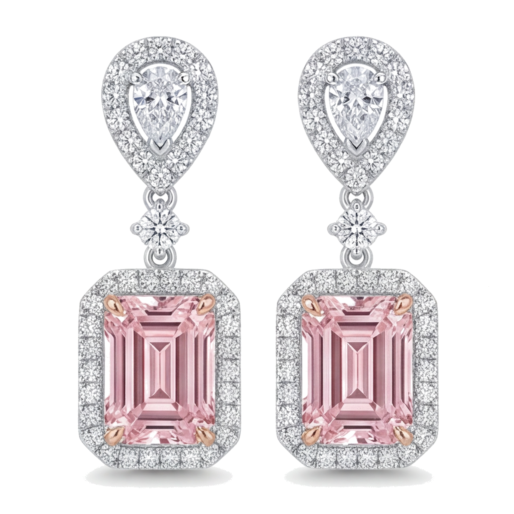 Pink Diamond Drop Earrings 5 Carat Lab Grown Emerald Cut Halo 14K White Gold