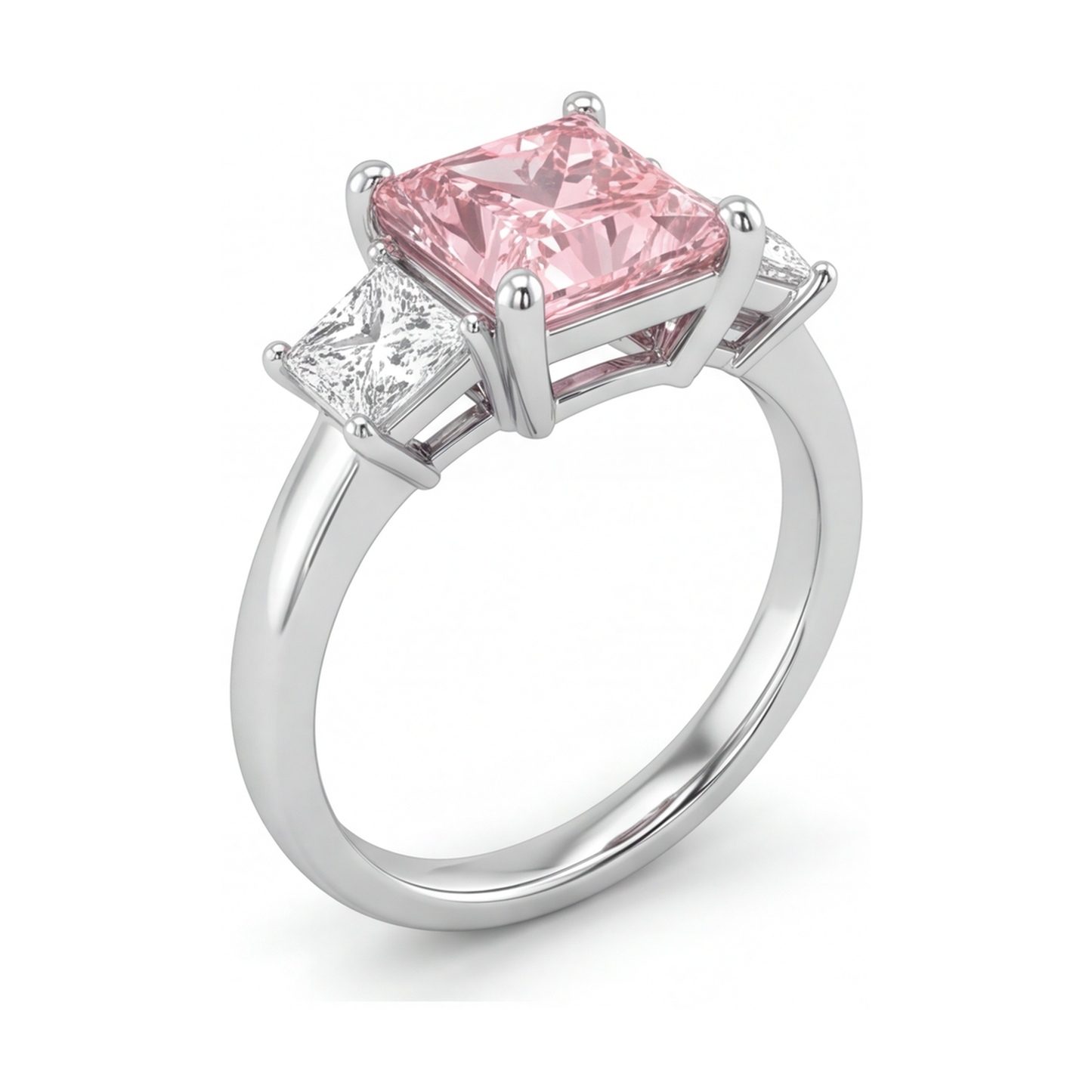 Pink Diamond Ring 4.5 Carat Lab Grown Princess Three Stone 14K White Gold