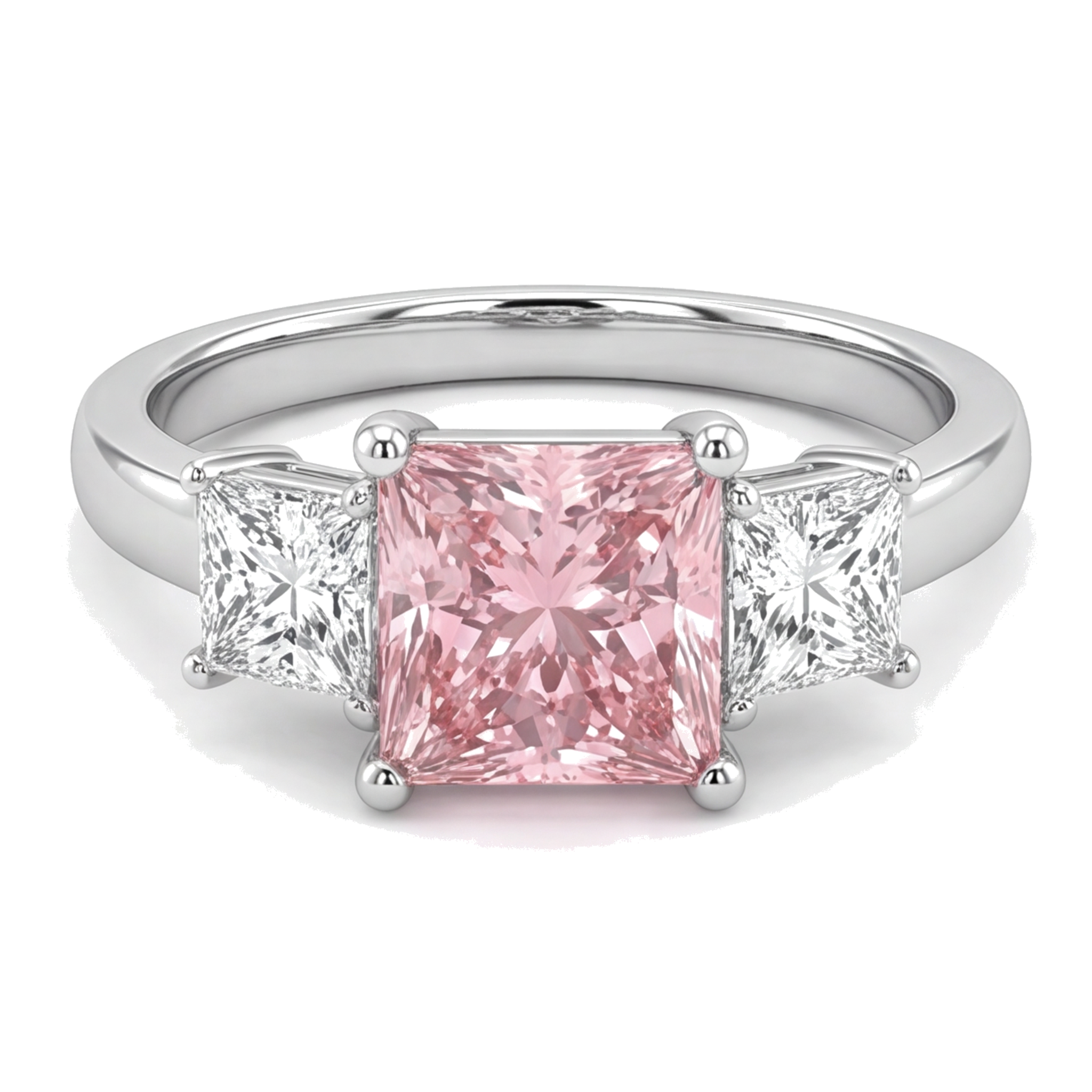 Pink Diamond Ring 4.5 Carat Lab Grown Princess Three Stone 14K White Gold