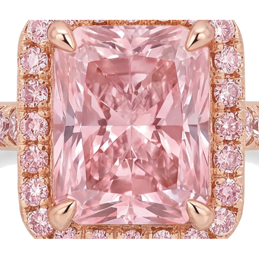 Pink Diamond Ring 6 Carat Lab Grown Radiant Halo Pave 14K Rose Gold