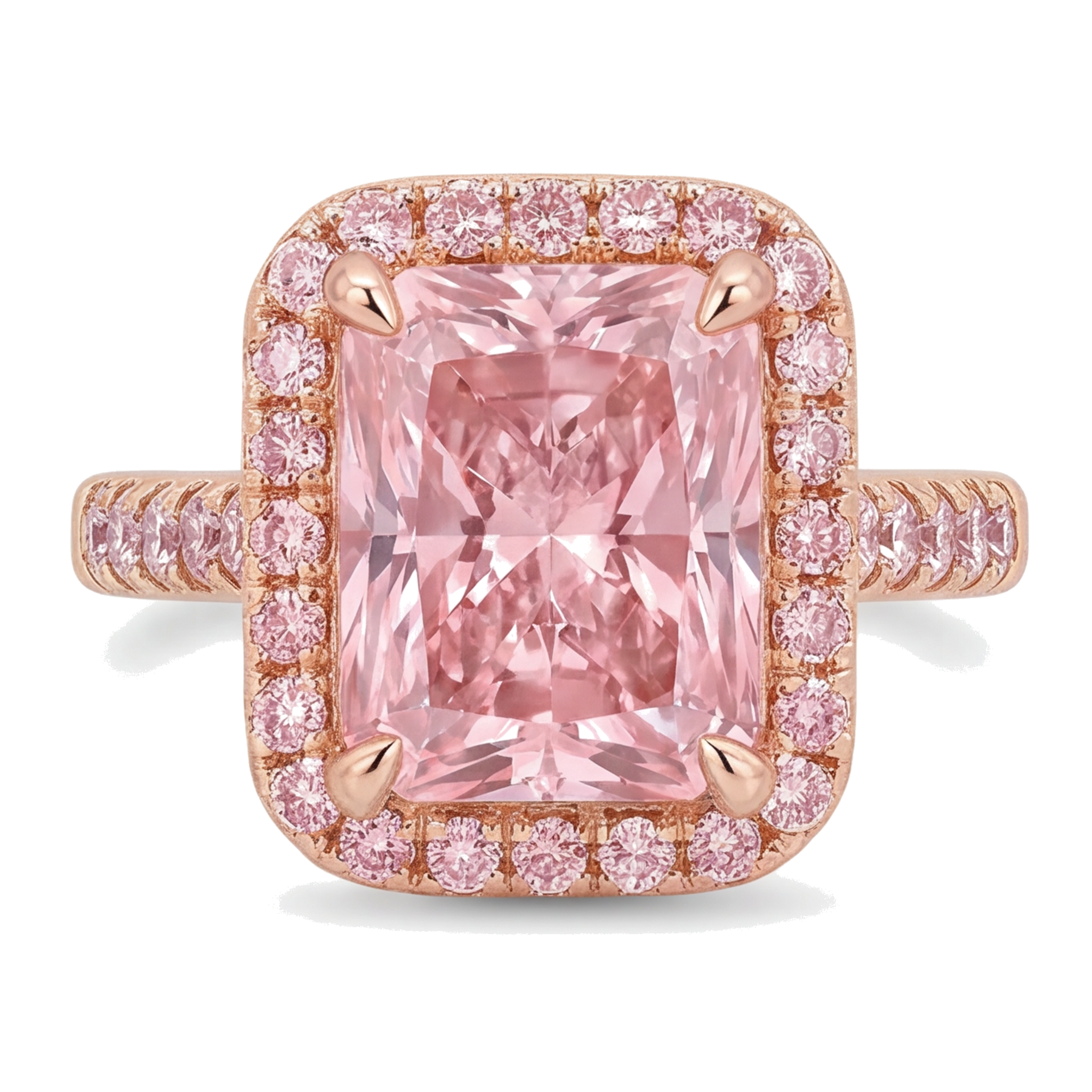 Pink Diamond Ring 6 Carat Lab Grown Radiant Halo Pave 14K Rose Gold