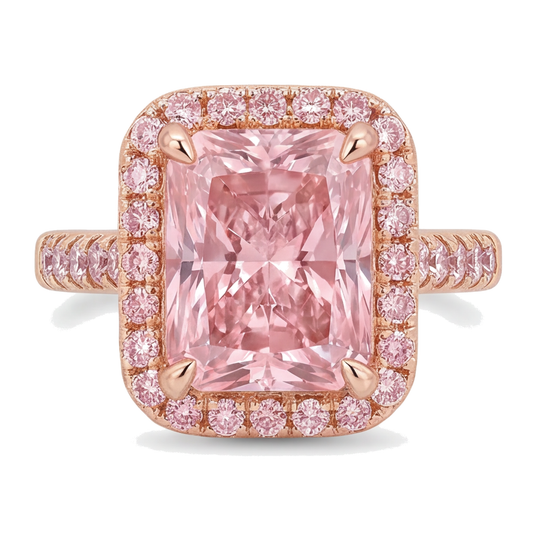 Pink Diamond Ring 6 Carat Lab Grown Radiant Halo Pave 14K Rose Gold