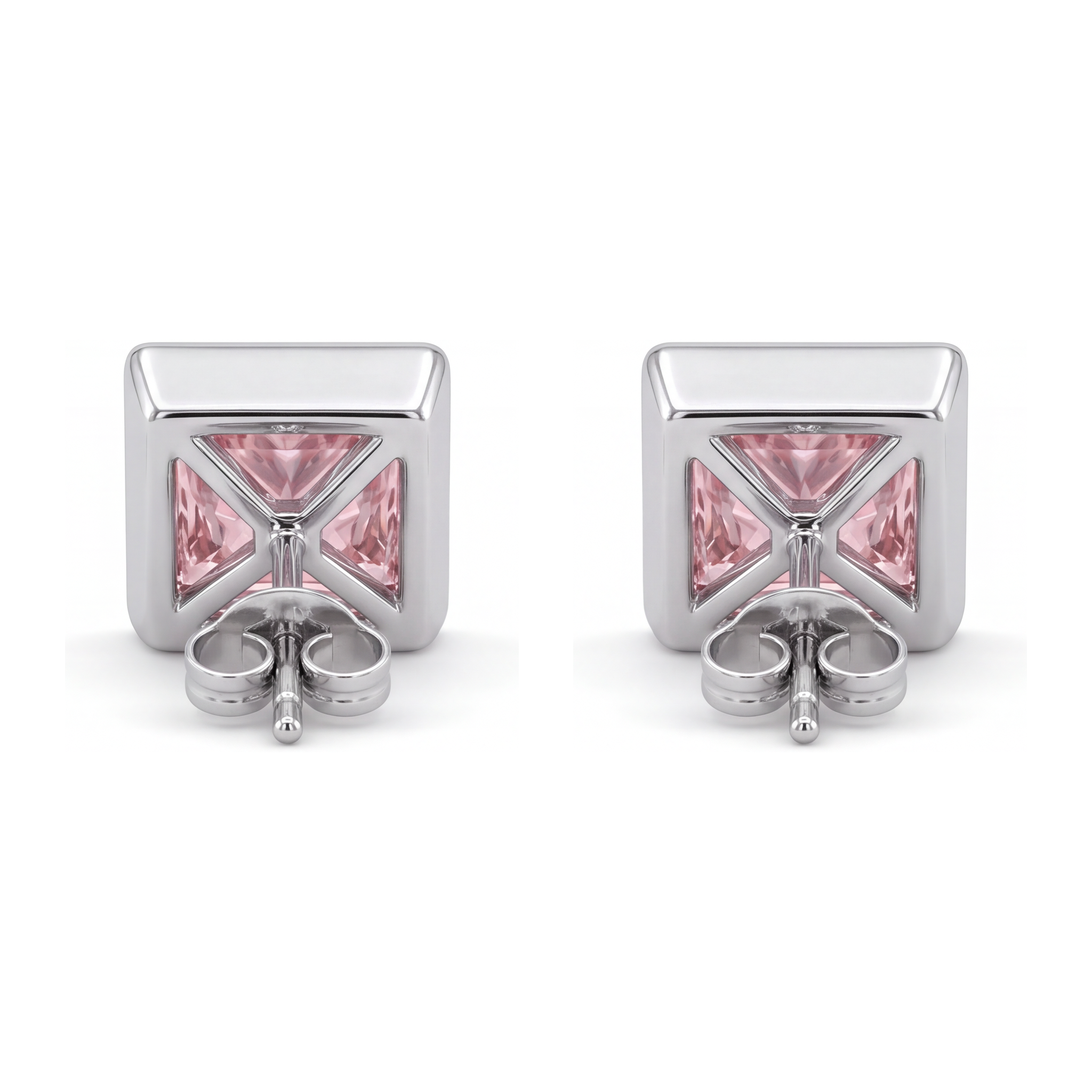 Pink Diamond Stud Earrings 3 Carat Lab Grown Princess Bezel 14K White Gold