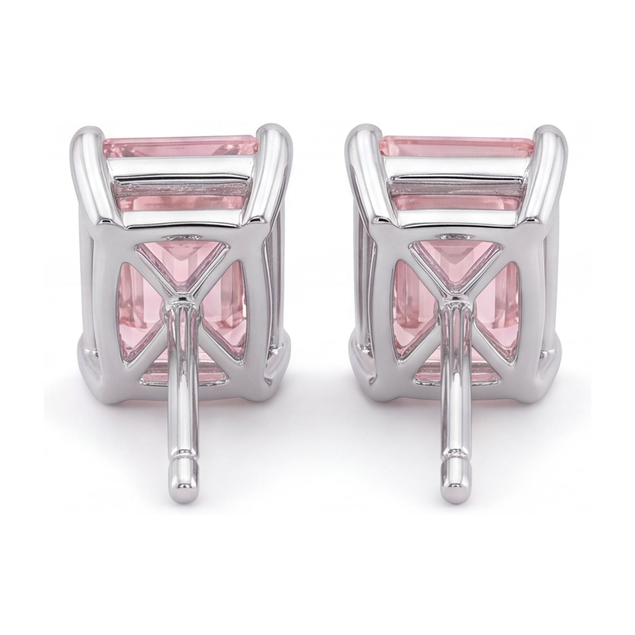 Pink Diamond Stud Earrings 3 Carat Lab Grown Emerald Cut 14K White Gold