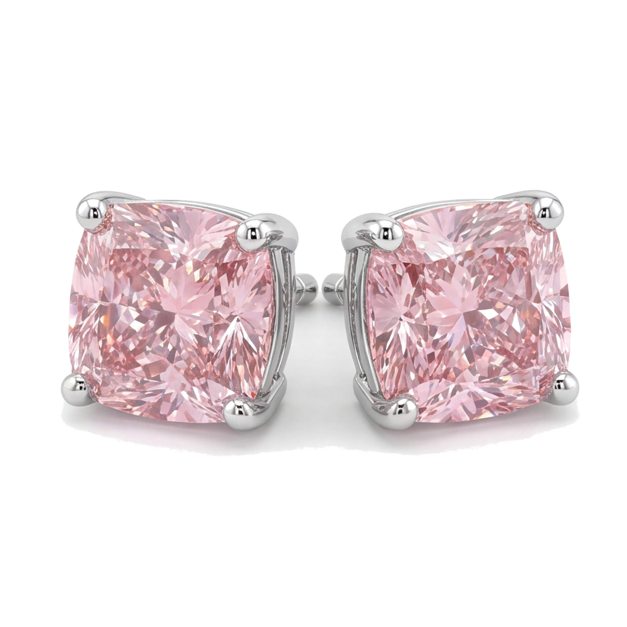 Pink Diamond Stud Earrings 4 Carat Lab Grown Cushion 14K White Gold
