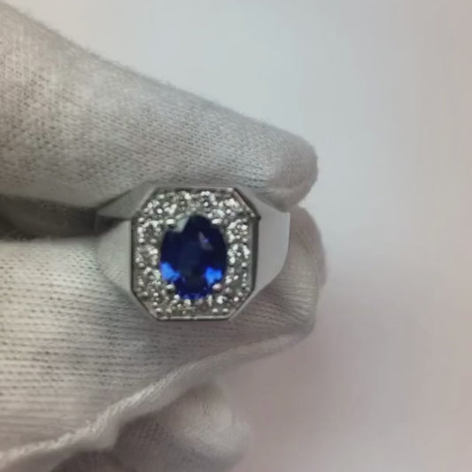 Round Diamond Halo Oval Sapphire Ring Gold Men's Jewelry 3.50 Carats