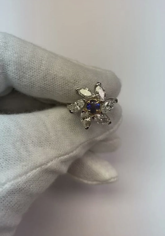 Marquise Diamond Round Sapphire Ring Flower Style 2.50 Carats Two Tone