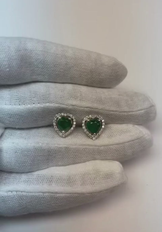 3.80 Carats Heart Cut Green Emerald With Round Diamond Stud Earrings