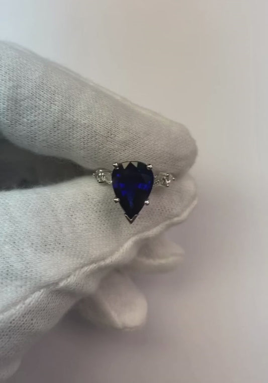 Solitaire Ring With Accents Pear Sri Lankan Sapphire 4.50 Carats