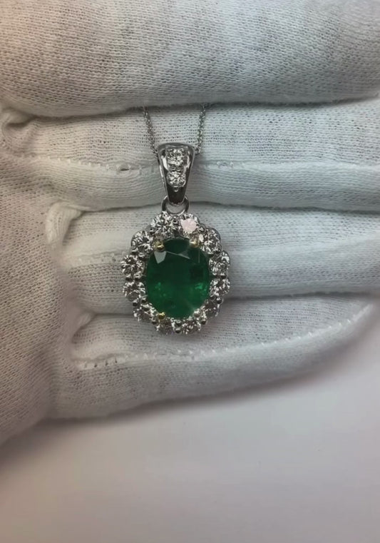 Green Emerald With Diamond Gemstone Pendant Necklace 7.85 Carat WG 14K