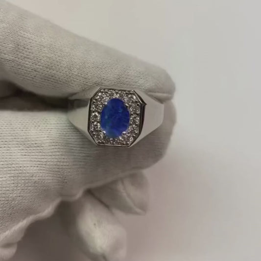 Oval Lightning Opal Men's Diamond Ring Gold Jewelry