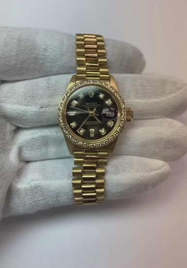 Yg President Style Rolex Date Just Watch Bezel Diamond-Dial Black