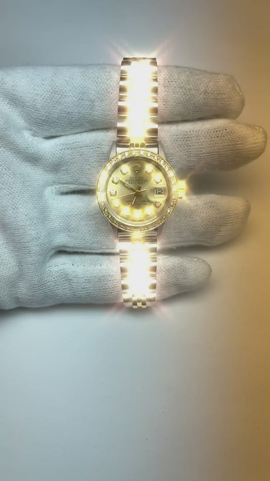 Two Tone Champagne Natural Earth Mined Diamond Dial Bezel Lady Watch Rolex Datejust
