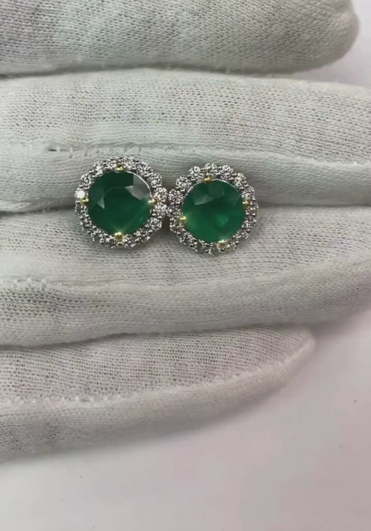 7.30 Carats Round Green Emerald With Diamonds Stud Earring White Gold 14K