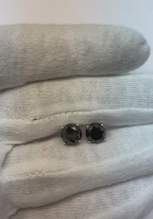 4 Carats Stud Earrings Round Black Diamonds Nice White Gold Finish