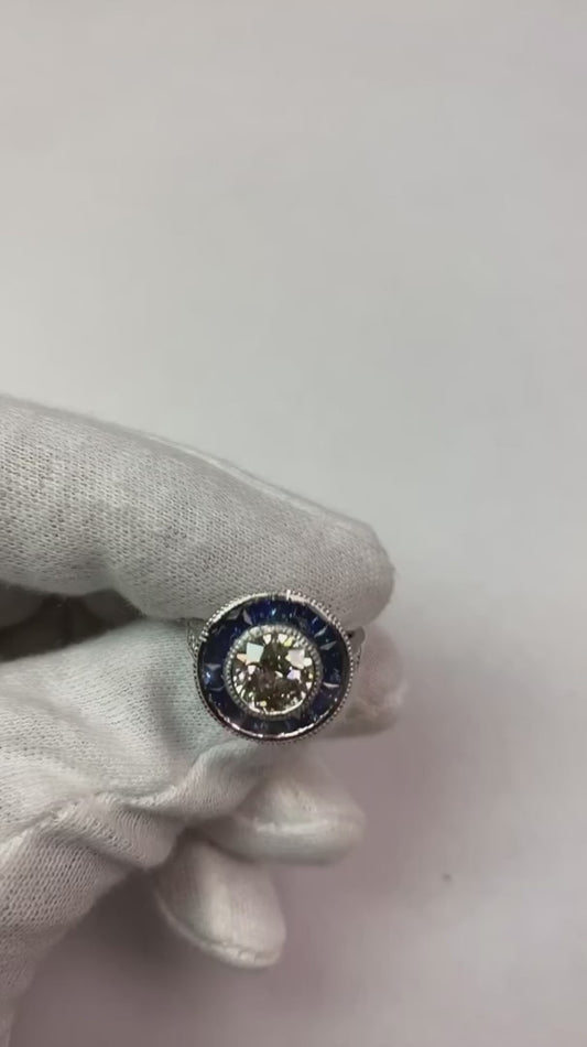 Halo Ring Old Cut Real Round Natural Earth Mined Diamond & Baguette Sapphire Bezel Set 3 Carats