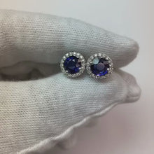 Round Ceylon Sapphire Stud Earring Halo Natural Earth Mined Diamond Gold 2.30 Ct