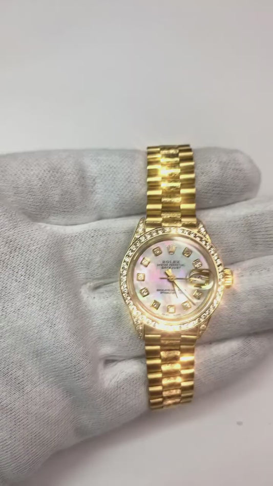 Rolex Women President Style Watch Yellow Gold Diamond Mop Dial